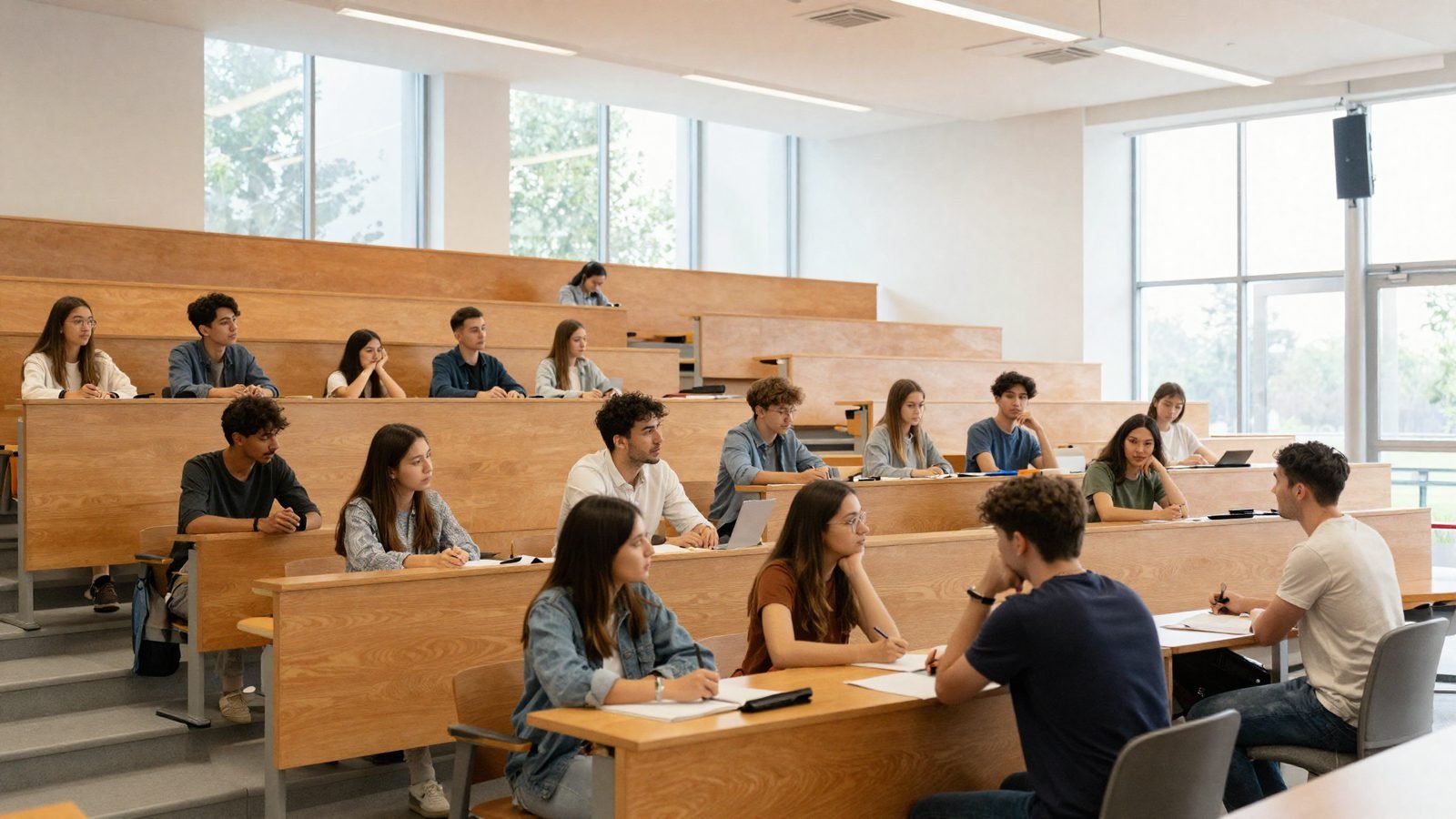 Almanya'da ücretsiz devlet üniversitesi amfisinde ders dinleyen uluslararası öğrenciler